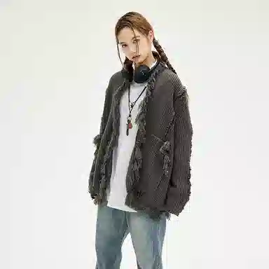 BENMYSHOWER V-Neck Fringe Knit Sweater