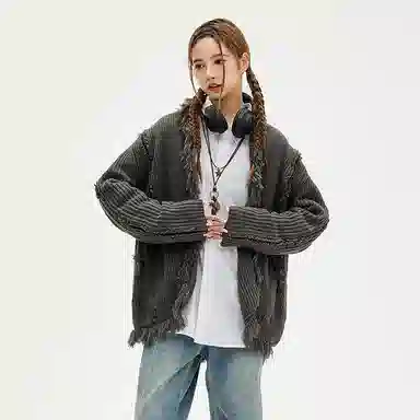 BENMYSHOWER V-Neck Fringe Knit Sweater