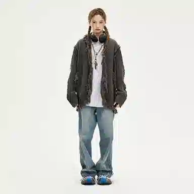 BENMYSHOWER V-Neck Fringe Knit Sweater