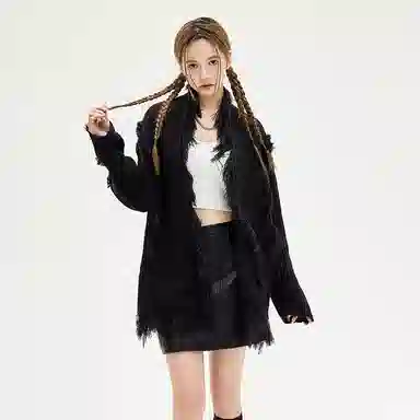 BENMYSHOWER V-Neck Fringe Knit Sweater