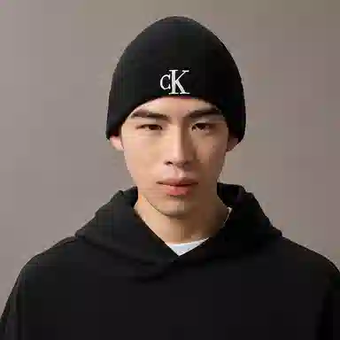 Calvin Klein Embroidered Rib Knit Beanie Black