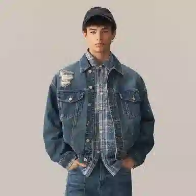 CHINISM Washed Vintage Distressed Denim Jacket