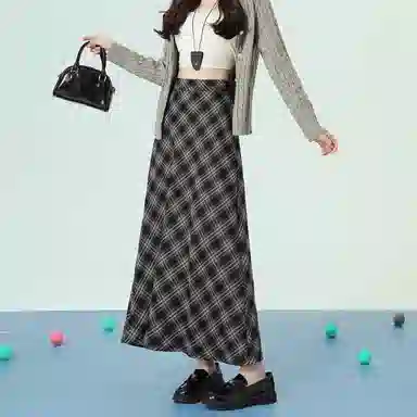 法文箱子 复古格子不规则长款休闲长裙 女款