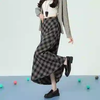 法文箱子 复古格子不规则长款休闲长裙 女款