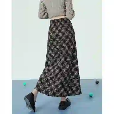 法文箱子 复古格子不规则长款休闲长裙 女款