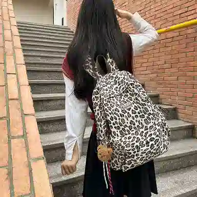 醇龙 小众复古豹纹时尚百搭设计感书包轻便 帆布 双肩包 女款 多色