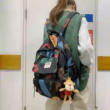 醇龙 涂鸦森系大容量学生书包韩版时尚原宿男旅游 尼龙 双肩包 大号 男女同款情侣款 多色