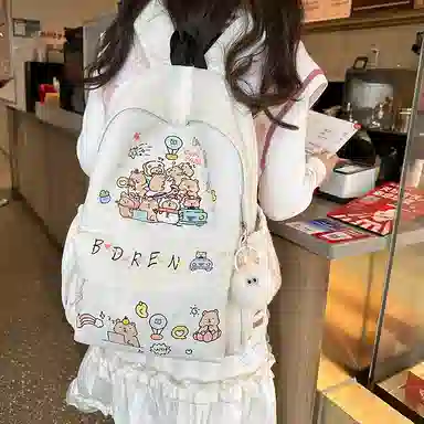 醇龙 可爱涂鸦卡通印花书包轻便休闲小众学生小清新少女背包 尼龙 双肩包 男女同款情侣款 黑色/彩色