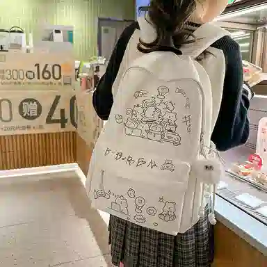 醇龙 可爱涂鸦卡通印花书包轻便休闲小众学生小清新少女背包 尼龙 双肩包 男女同款情侣款 黑色/彩色