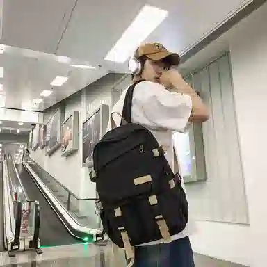 醇龙 男女通用多色帆布多口袋简约百搭大容量双肩包背包