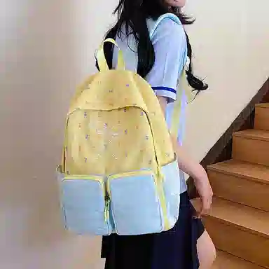 醇龙 学院风高颜值甜美清新蝴蝶结 尼龙 双肩包 常规 女款 黄色/蓝色