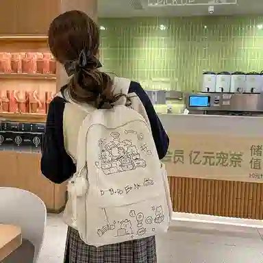 醇龙 可爱涂鸦卡通印花书包轻便休闲小众学生小清新少女背包 尼龙 双肩包 男女同款情侣款 黑色/彩色