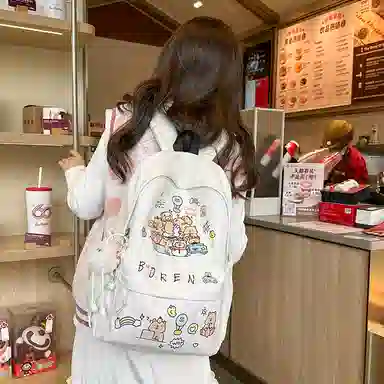 醇龙 可爱涂鸦卡通印花书包轻便休闲小众学生小清新少女背包 尼龙 双肩包 男女同款情侣款 黑色/彩色