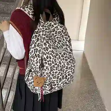 醇龙 小众复古豹纹时尚百搭设计感书包轻便 帆布 双肩包 女款 多色