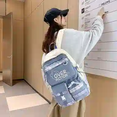 醇龙 撞色格子设计时尚百搭简约轻便通勤大容量 尼龙 双肩包 常规 男女同款情侣款 多色