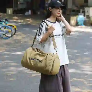 醇龙 双色健身包女单肩训练运动 帆布 旅行包 常规 男女同款情侣款 黑色/卡其色