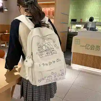 醇龙 可爱涂鸦卡通印花书包轻便休闲小众学生小清新少女背包 尼龙 双肩包 男女同款情侣款 黑色/彩色