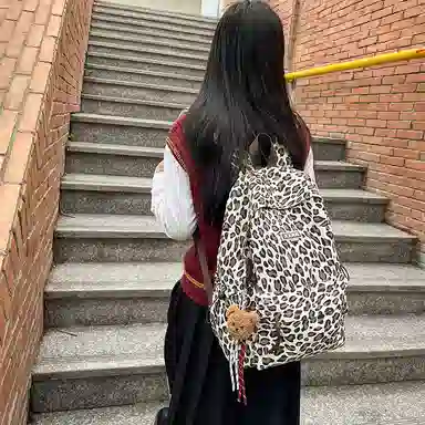 醇龙 小众复古豹纹时尚百搭设计感书包轻便 帆布 双肩包 女款 多色