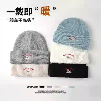 南极人 可爱小狗刺绣针织毛线秋冬季新款显脸小百搭包头帽堆堆冷帽 加厚 绒线帽 女款