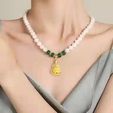 贝诗珠宝 金镶玉福袋福气满满大气新中式国潮锁骨链 淡水珍珠 珍珠项链 女款
