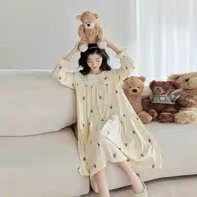 歌倩雅 简约可外穿长裤套头休闲长袖睡裙 女款 浅杏