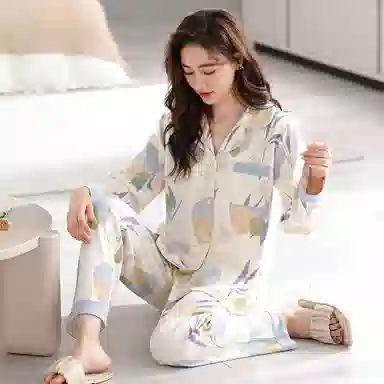 歌倩雅 开衫休闲翻领长袖长裤家居服睡衣套装 女款 图色