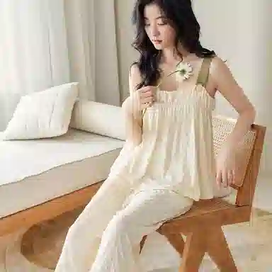 歌倩雅 纯色无袖上衣松紧腰长裤睡衣套装 女款 杏色
