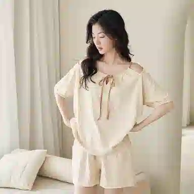 歌倩雅 凉感型圆领短袖松紧腰短裤睡衣套装 女款 杏色