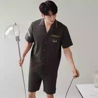 歌倩雅 纯色翻领短袖上衣松紧腰短裤简约睡衣套装 男款 深灰色