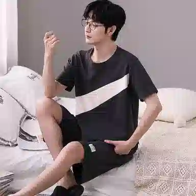 歌倩雅 圆领简约透气上衣松紧腰短裤睡衣套装 男款 黑色