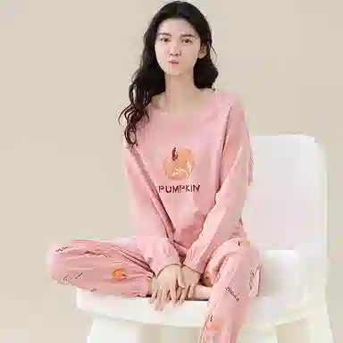 歌倩雅 食物图案字母印花圆领上衣厚款保暖长裤睡衣套装 女款 粉色