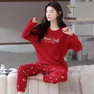 歌倩雅 高级感可外穿休闲舒适长袖长裤家居服睡衣套装 女款 红色