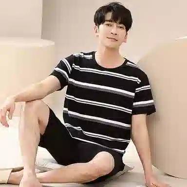 歌倩雅 简约亲肤舒适条纹短圆领套头袖休闲可外穿五分裤睡衣套装 男款 黑色