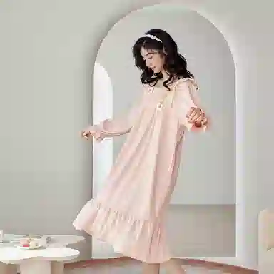 歌倩雅 甜美可爱方领中长款长袖睡裙 女款