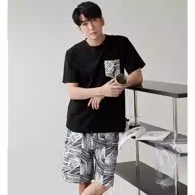 歌倩雅 圆领宽松上衣松紧腰短裤睡衣套装 男款 黑色