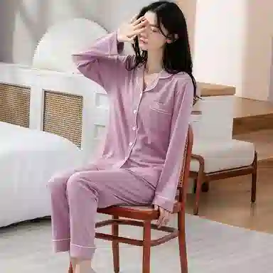 歌倩雅 简约亲肤舒适翻领开衫长袖高档休闲可外穿长裤睡衣套装 女款 紫色