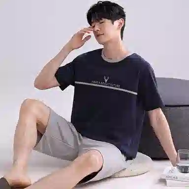 歌倩雅 字母印花纯棉薄款短袖短裤睡衣套装 男款