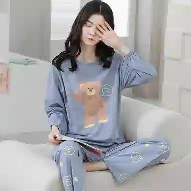 歌倩雅 纯棉长袖可爱小熊简约舒适睡衣套装 女款 图色