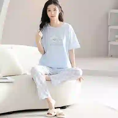 歌倩雅 圆领短袖上衣舒适可外穿长裤睡衣套装 女款 蓝色