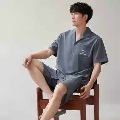 歌倩雅 纯色休闲短袖翻领上衣松紧腰短裤睡衣套装 男款 灰色