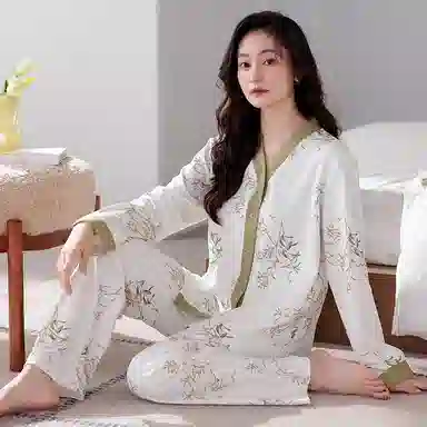 歌倩雅 开衫舒适亲肤长袖长裤睡衣套装 女款 杏色