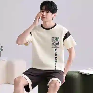 歌倩雅 圆领套头短袖可外穿五分裤睡衣套装 男款 白色