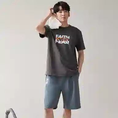 歌倩雅 字母印花圆领套头短袖上衣松紧腰短裤睡衣套装 男款 灰色