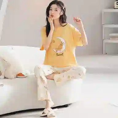 歌倩雅 舒适透气纯色休闲短袖长裤睡衣套装 女款 黄色