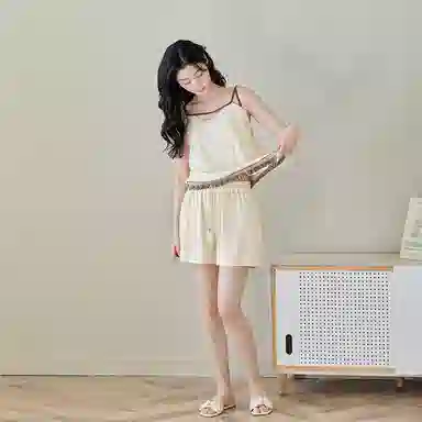 歌倩雅 薄款简约无袖上衣休闲凉感短裤睡衣套装 女款 米色