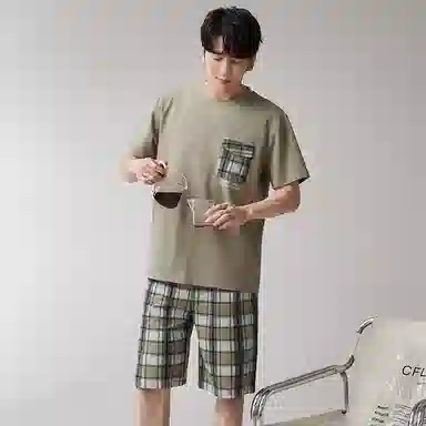 歌倩雅 圆领舒适短袖上衣亲肤柔软短裤睡衣套装 男款 抹茶色