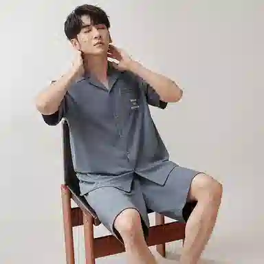 歌倩雅 纯色休闲短袖翻领上衣松紧腰短裤睡衣套装 男款 灰色