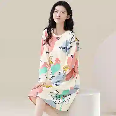 歌倩雅 纯棉大码舒适简约长袖睡裙 女款 图色