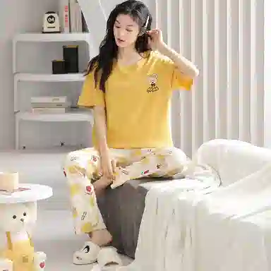 歌倩雅 舒适休闲简约短袖长裤睡衣套装 女款 黄色