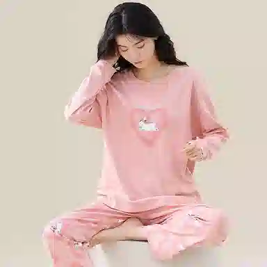 歌倩雅 小兔子字母圆领上衣爱心吸汗排湿长裤睡衣套装 女 粉色